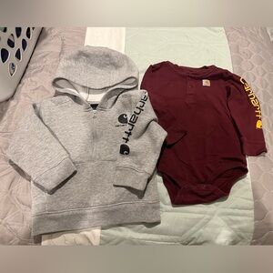 Kids Carhartt Heather Gray Hoodie and Burgundy Onesie Set